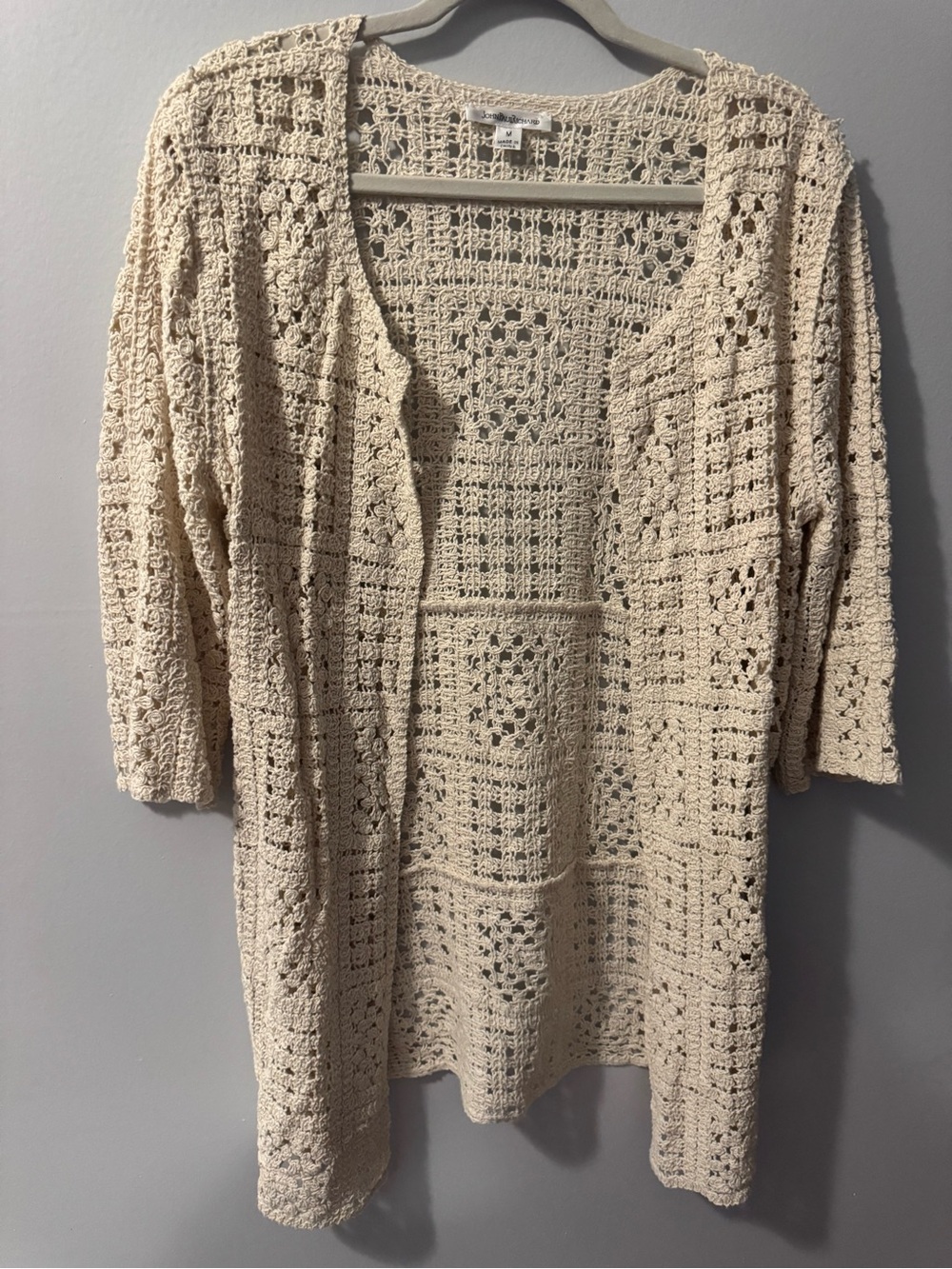 JohnPaulRichard Cotton Open-Front Crochet Cardigan in Cream M